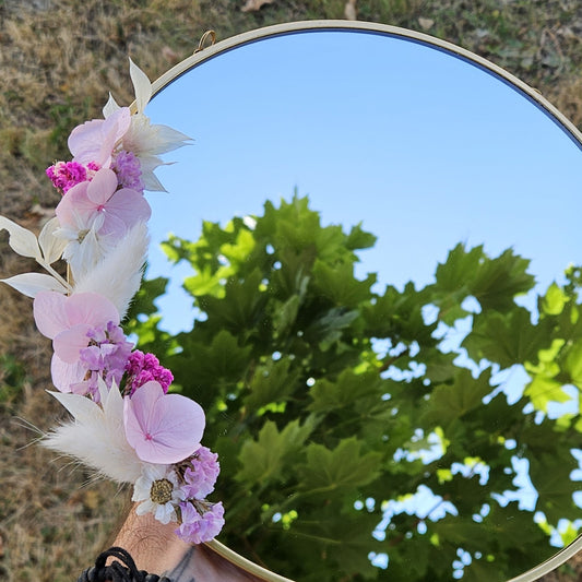 Miroir Fleurs Séchées Rose et Blanc - Finition Or