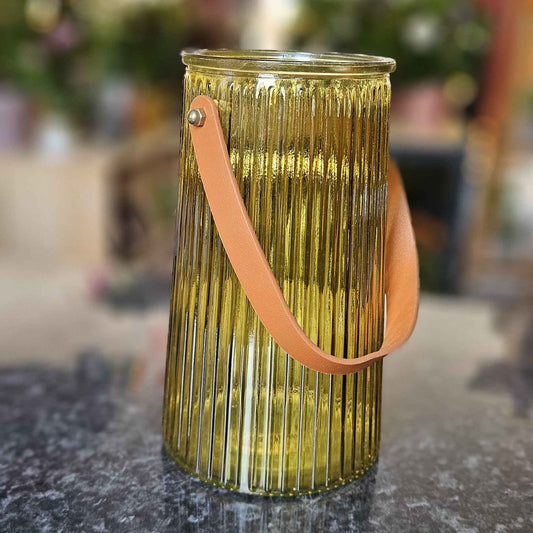 Vase verre vert anse cuir