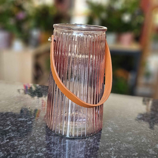 Vase verre rose anse cuir