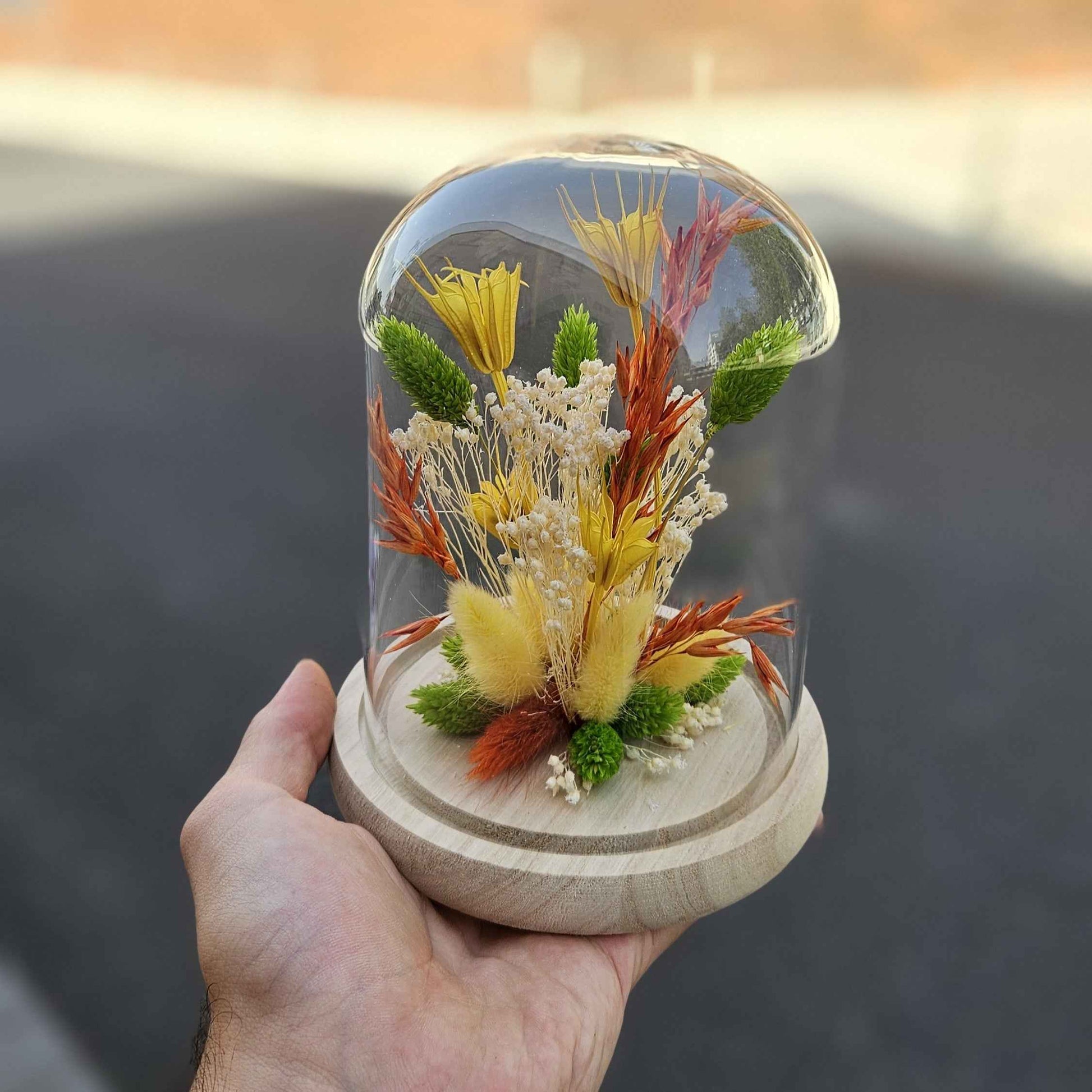 Globe de fleurs séchées vert orange blanc (Copie)
