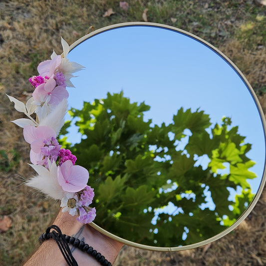 Miroir Fleurs Séchées Rose et Blanc - Finition Or