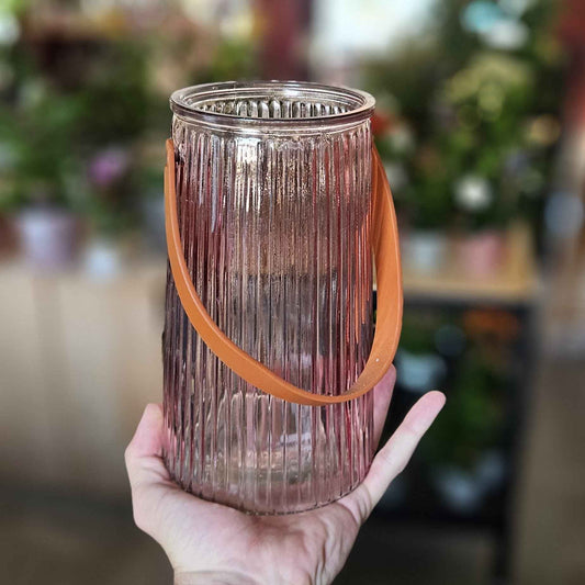 Vase verre rose anse cuir